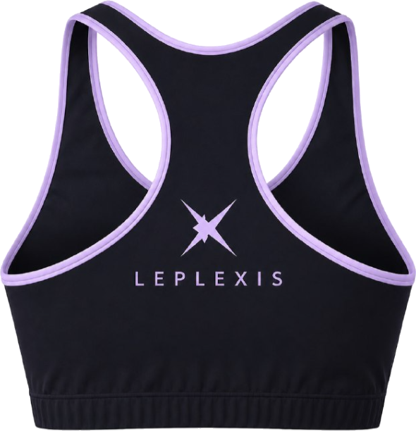 Leplexis training top in black with lavender trim, seen from the back